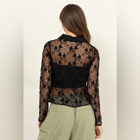 25B. Floral Lace Button Front Blouse - Black - Picture 3 of 7